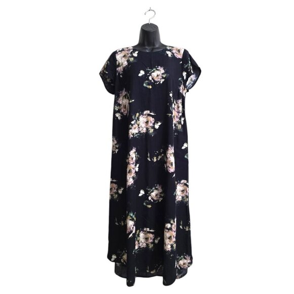 J. Jill Navy Floral Short Sleeve Back Button Midi Dress Sz S - Picture 1 of 11